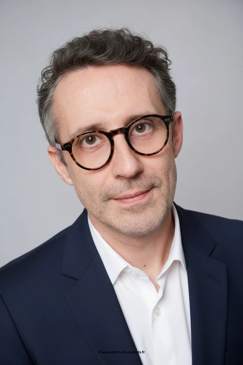 Portrait corporate classique d'avocat sur fond studio clair avec lumière douce